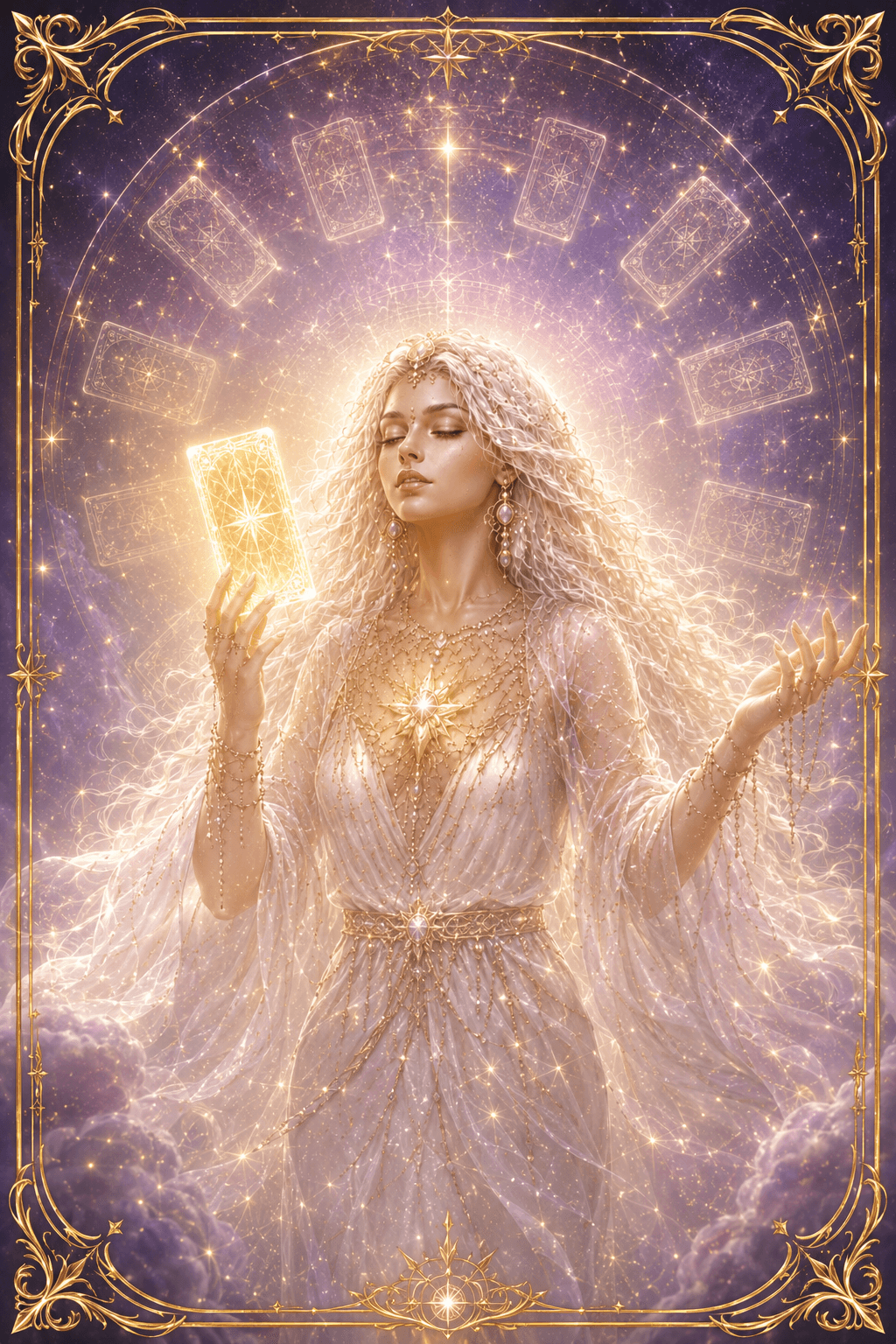 Nataleya holding a Tarot card beneath the stars